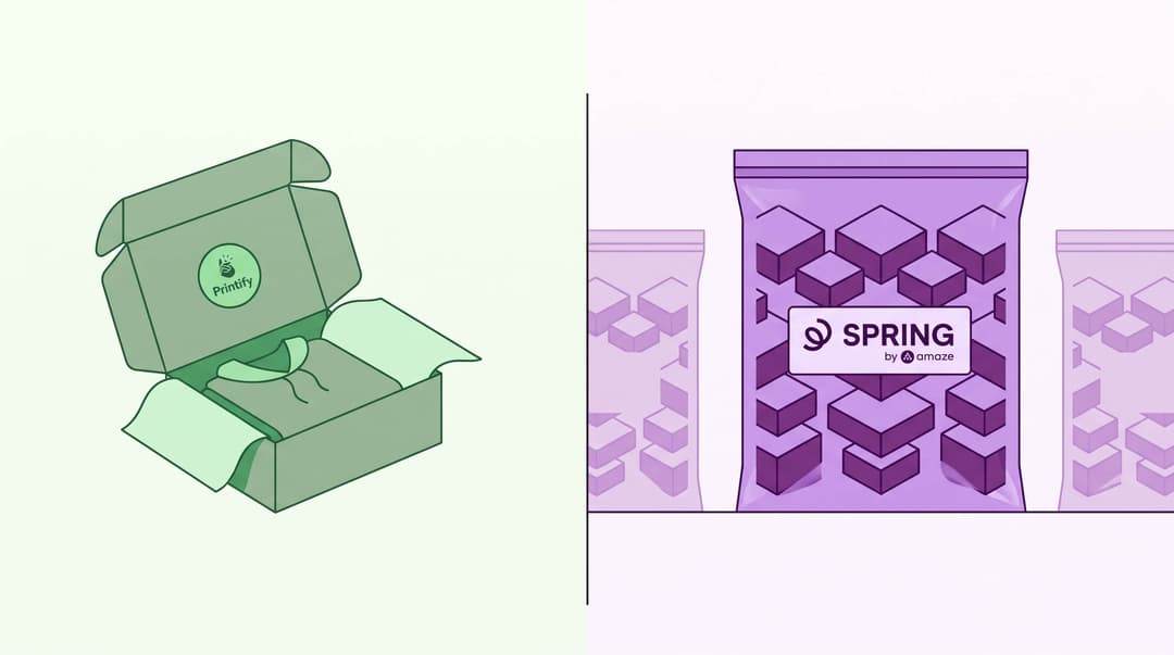 Split illustration comparing a Printify-branded shipping box with tissue paper against Spring's poly mailer bags
