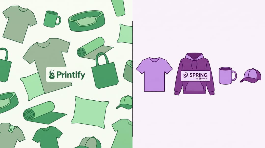 Split illustration comparing Printify's wide product range (tees, mugs, totes, pillows, pet beds, mats, caps) with Spring's smaller set of tee, hoodie, mug and cap