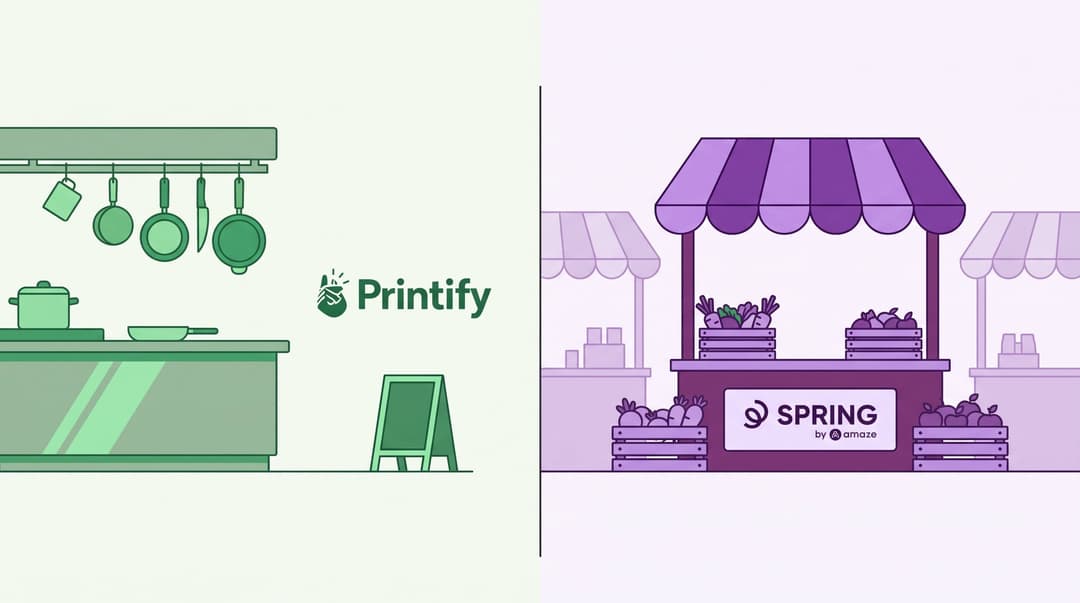 Split illustration using a kitchen to represent Printify's production side and a market stall to represent Spring's selling side