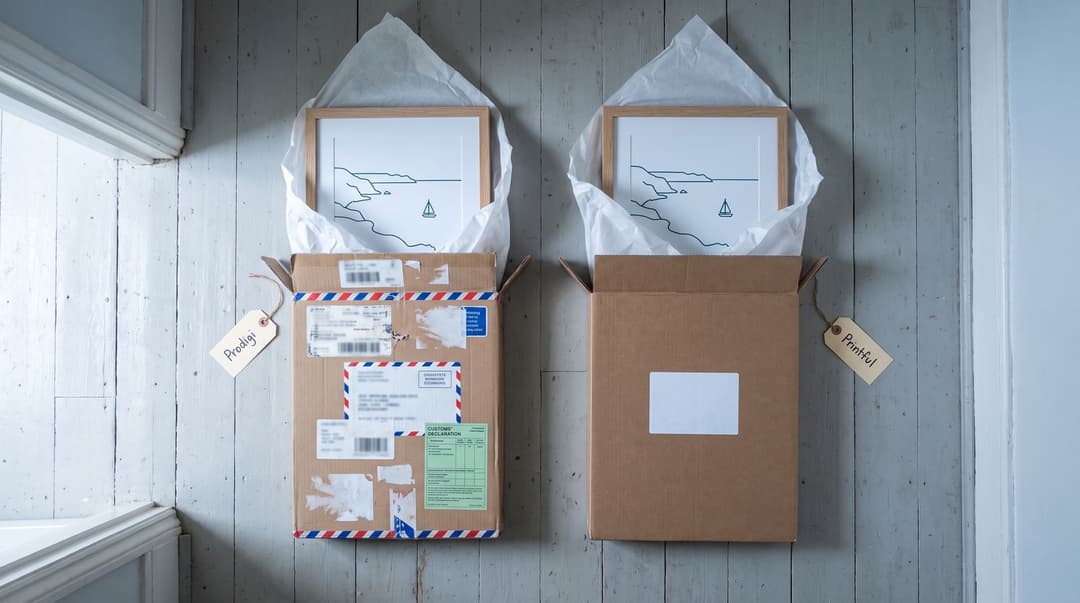 Two opened parcels on a hallway floor, each holding the same framed coastline print: the one tagged Prodigi covered in airmail and customs stickers, the one tagged Printful plain.