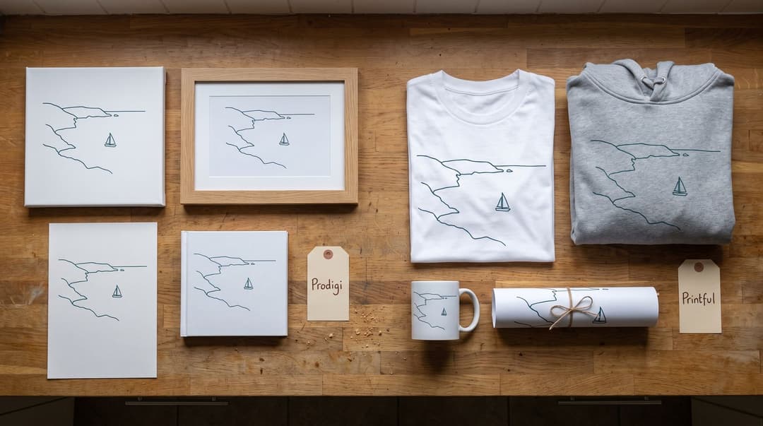 The same coastline artwork across two catalogs on a kitchen counter: canvas, framed print, giclée sheet and photo book tagged Prodigi, a tee, hoodie, mug and rolled poster tagged Printful.