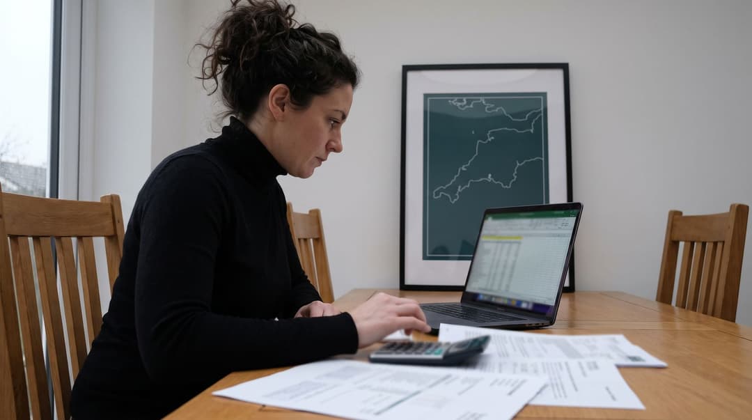 A seller at a dining table works through a margin spreadsheet on a laptop with a calculator, a customs form and invoices spread in front of her.