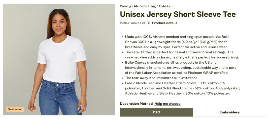 Printify product page for the Bella+Canvas 3001 unisex jersey tee, with model photo and decoration method options.