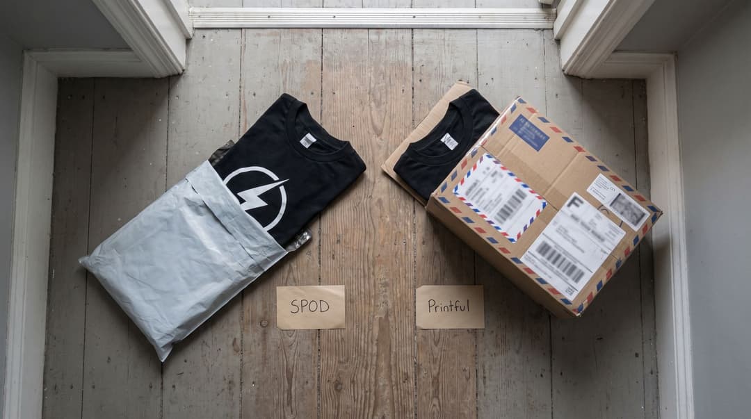 Two parcels on a hallway floor with the same lightning-bolt tee inside: a plain grey mailer tagged SPOD and an airmail carton covered in international labels tagged Printful.