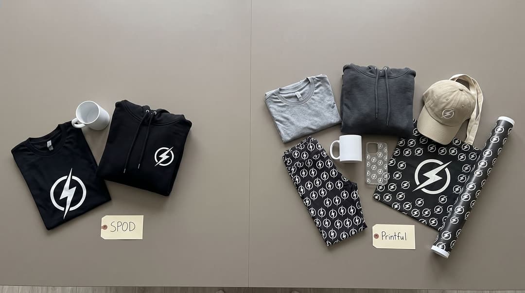 The same lightning-bolt design as two catalogs: a tee, hoodie and mug tagged SPOD, and a tee, hoodie, cap, leggings, mug, phone case, tote and poster tagged Printful.