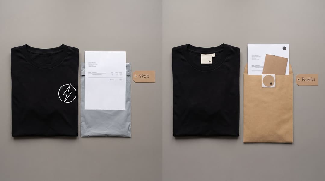 The same black tee unboxed two ways: plain mailer and plain packing slip tagged SPOD, and a custom neck label, branded slip, flyer and sticker in a kraft mailer tagged Printful.