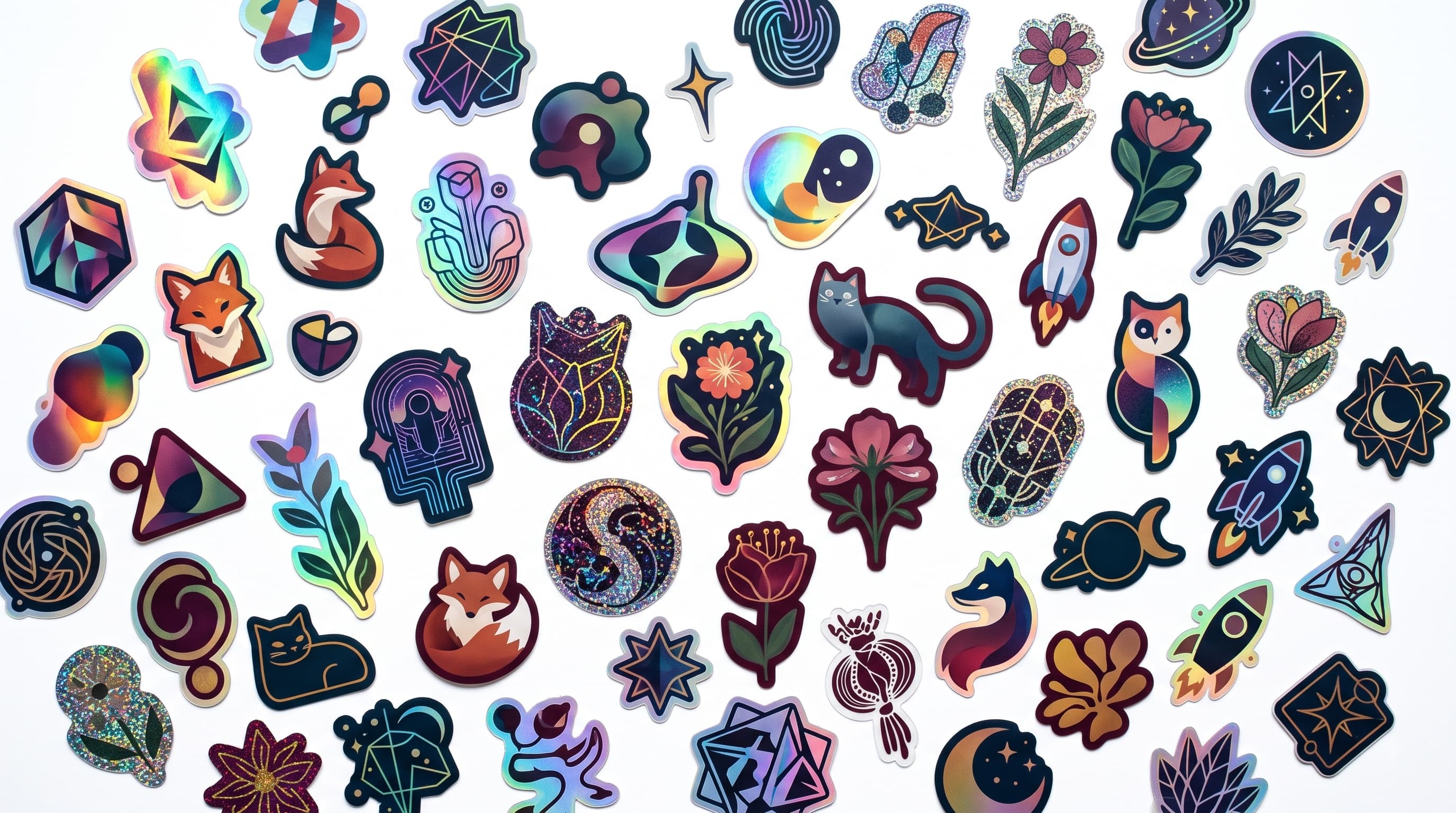 A flat lay of dozens of die-cut stickers in holographic and glitter finishes, featuring foxes, cats, flowers, rockets, moons, and abstract geometric designs on a white background