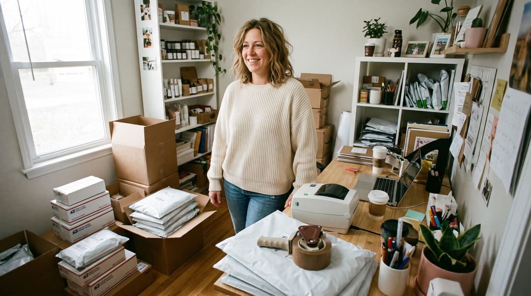 A woman in a knit sweater stands in a home office surrounded by stacks of shipping boxes, mailers, and packing supplies after finishing an order fulfillment session.