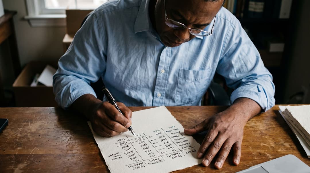 A close-up view of a man's hands writing notes on a comparison chart in a notebook at a desk.