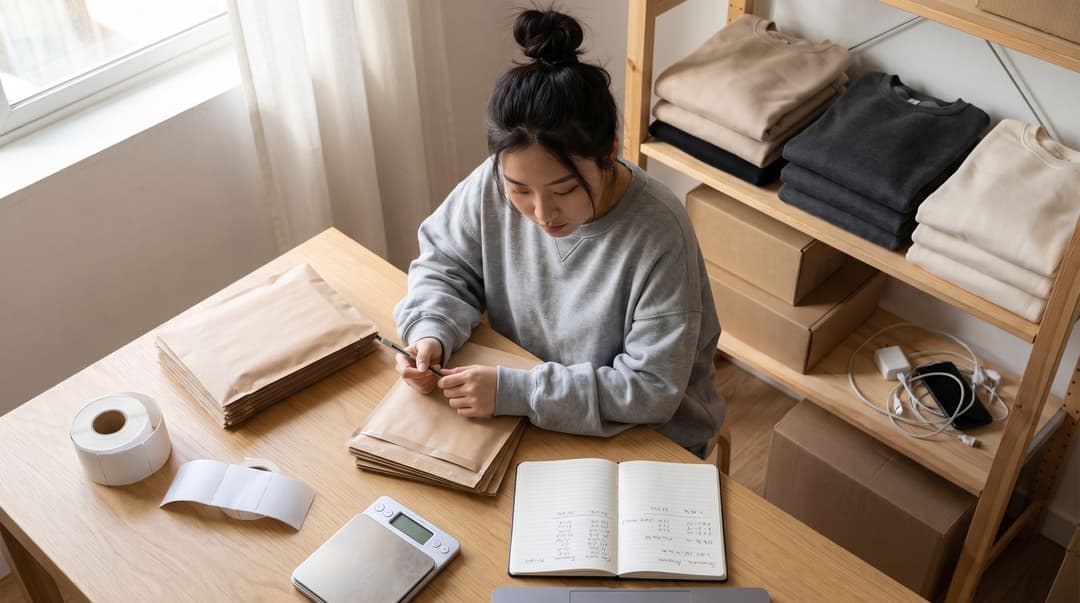 A woman sits at a cluttered desk filled with shipping supplies and a notebook of financial calculations, with stacks of blank sweatshirt inventory visible on a nearby shelf.
