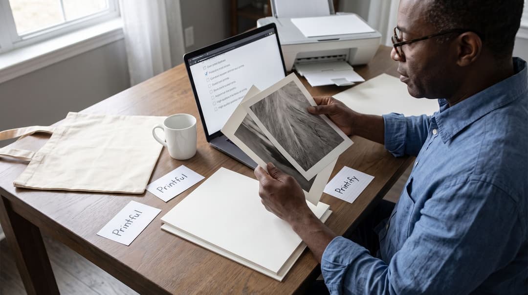 A man comparing print quality samples from different suppliers on a dining table workspace cluttered with POD products and order lists.