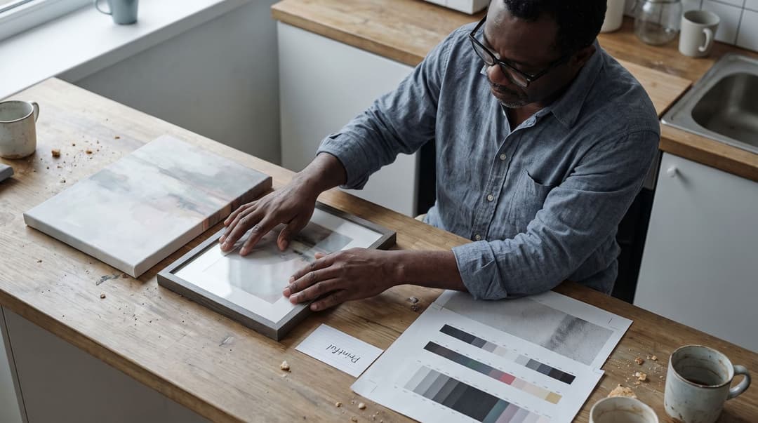A man in his 50s examines a framed wall art print and a test sheet on a kitchen counter, with a handwritten label identifying the sample as Printful.