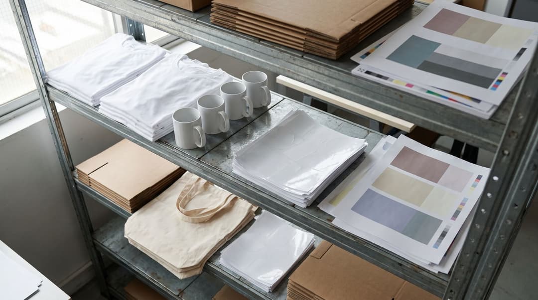 An overhead view of a storage shelf containing stacks of plain t-shirts, mugs, tote bags, and unbranded shipping materials used for print-on-demand quality comparison.