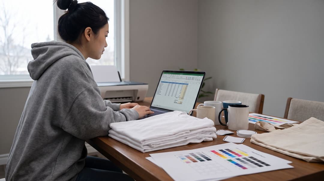 A young woman works at a cluttered dining table comparing the quality and costs of various print-on-demand products like shirts, mugs, and test sheets.
