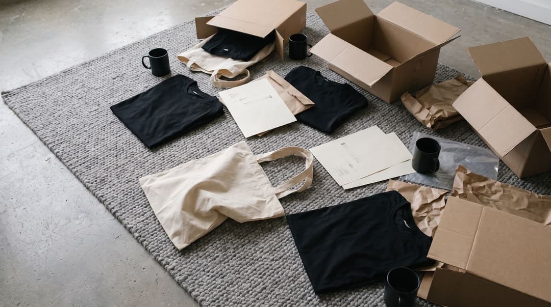 Multiple identical products like t-shirts, mugs, and tote bags from different suppliers are being unpacked and compared on a rug.